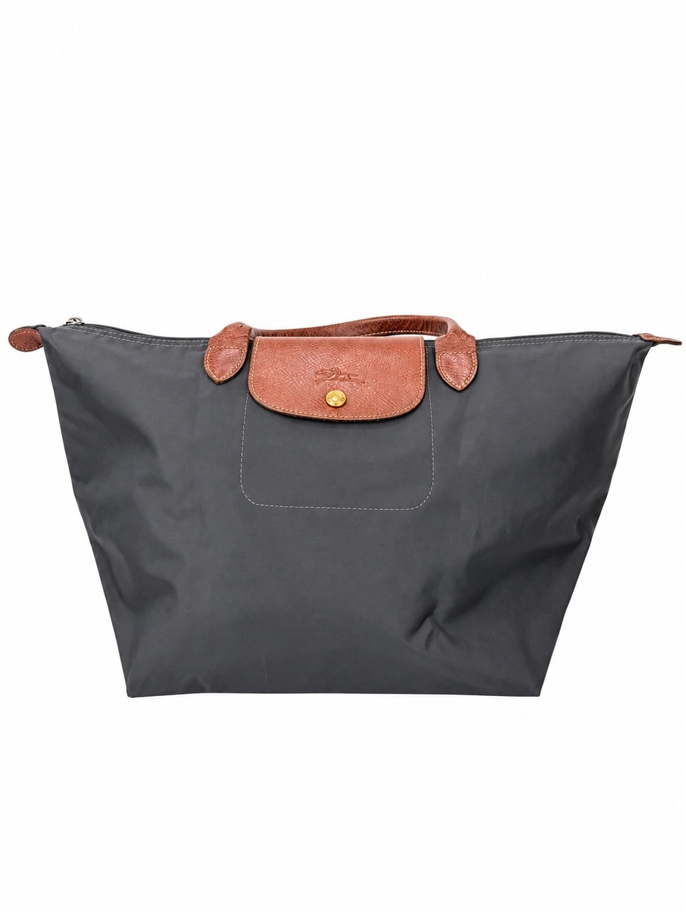 Longchamp Le Pliage Medium Grey Nylon Tote Brown Leather Trim | Pre-Loved